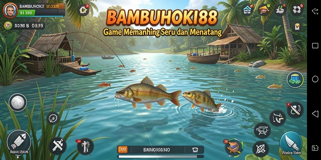 Screenshot gameplay BAMBUHOKI88 dengan aksi memancing yang seru.