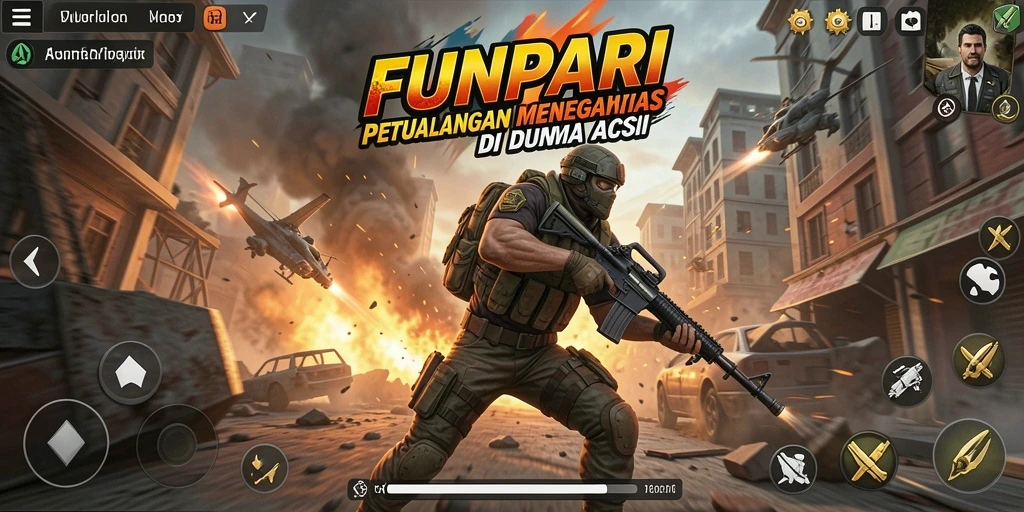 Screenshot utama FUNPARI menampilkan aksi mendebarkan di tengah pertarungan.