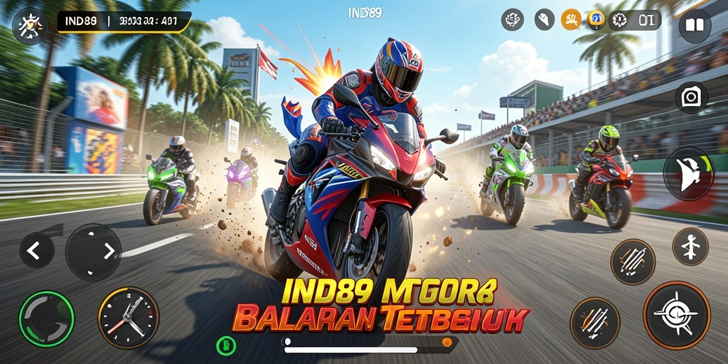 Screenshot menunjukkan aksi balapan motor yang mendebarkan di IND89.