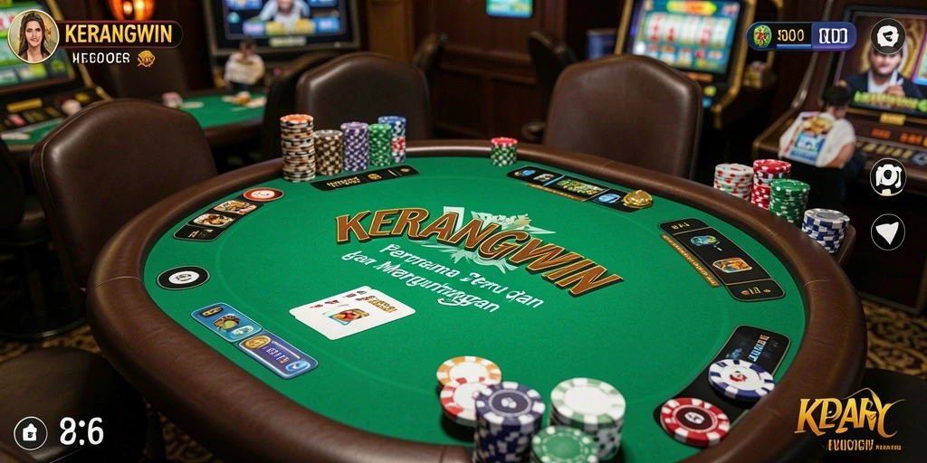 Screenshot gameplay KERANGWIN menampilkan suasana poker yang menggembirakan.